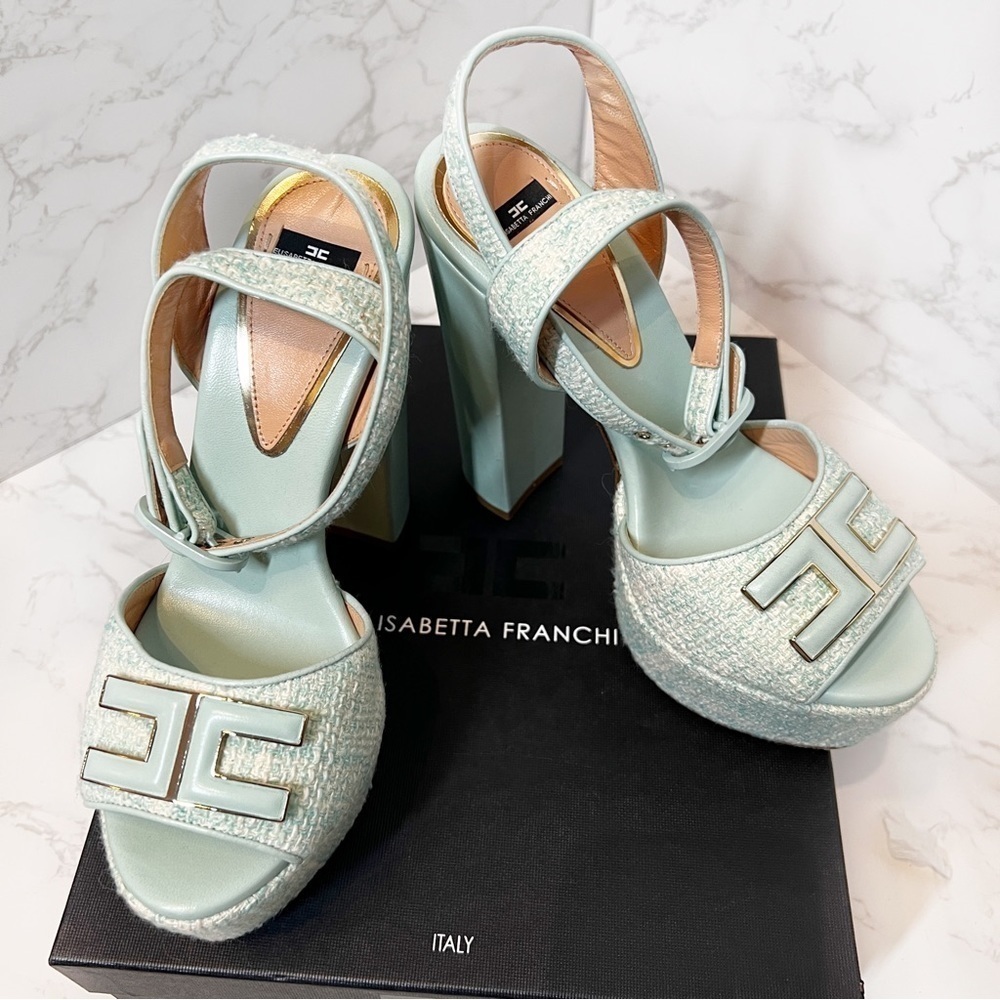 Elisabetta Franchi Tweed Platform Block Heels Sandals Seafoam Blue Size 6.5